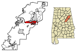 Location of Oxford in Calhoun County and Talladega County, Alabama.