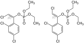 Skeletal formulas of (E)-chlorfenvinphos (left) and (Z)-chlorfenvinphos (right)