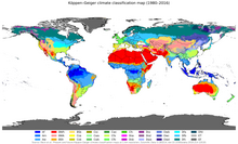 Map of world dividing climate zones, largely influenced by latitude. The zones, going from the equator upward (and downward) are Tropical, Dry, Moderate, Continental and Polar. There are subzones within these zones.