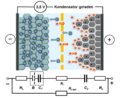 Verteilung der Ionen im geladenen Kondensator sowie das aus dem Aufbau abgeleitete Ersatzschaltbild