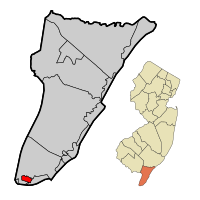 Location of West Cape May in Cape May County highlighted in red (left). Inset map: Location of Cape May County in New Jersey highlighted in orange (right).