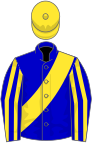 Blue, yellow sash, yellow stripes on sleeves, yellow cap