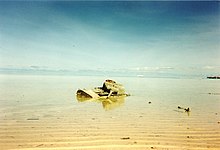 Os restos de um tanque americano M4 Sherman em uma lagoa em Tarawa.