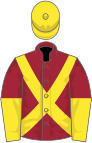 Maroon, yellow cross belts, halved sleeves, yellow cap