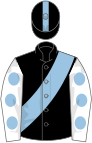 Black, light blue sash, white sleeves, light blue dots, black cap, light blue stripe