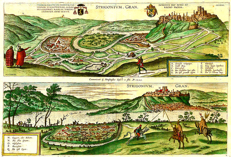 Hoefnagel mester metszete Esztergomról 1595. Fent balra: Bakócz Tamás esztergomi érsek címere. Jobbra Szatmári György esztergomi érsek[4] címere