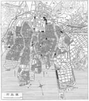 1930年頃（昭和初頭）の廣島市の地図。広島城は中央やや上にあり、周辺も含めて日本軍の施設が集中した。