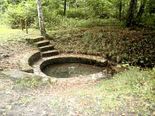 Vue d'une source entourée d'une margelle en pierre formant bassin et vers laquelle descend un petit escalier.