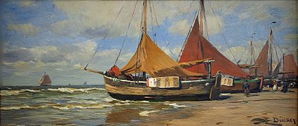 Bateaux de pêche sur la plage, huile sur bois