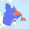 Quebec today. Quebec (in blue) has a border dispute with Labrador (in red).