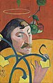 Image 3 Self-Portrait with Halo and Snake Painting: Paul Gauguin Self-Portrait with Halo and Snake is an 1889 oil on wood painting by French artist Paul Gauguin, which represents his late Brittany period in the fishing village of Le Pouldu in northwestern France. It shows Gauguin against a red background with a halo above his head and apples hanging beside him as he holds a snake in his hand while plants or flowers appear in the foreground. The religious symbolism and the stylistic influence of Japanese wood-block prints and cloisonnism are apparent. The work is one of more than 40 self-portraits he completed. It is held at the National Gallery of Art in Washington, D.C. More selected pictures