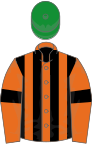 Orange and black stripes, orange sleeves, black armlets, green cap