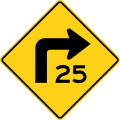 W1-1 (D) Turn right (25 mph speed limit)