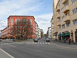 Sofies gate og Colletts gate til høyre. Den røde gården tilhører Bislet Byggeselskap. Foto: Helge Høifødt