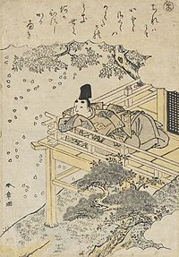 『風流錦絵伊勢物語』「渚の院」より、散ればこそ素晴らしい桜を流転する憂き世と対比して詠う男の景を勝川春章が描く。