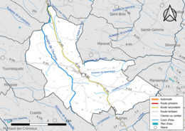 Carte en couleur présentant le réseau hydrographique de la commune