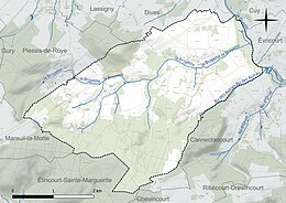 Carte en couleur présentant le réseau hydrographique de la commune