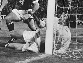 Pat Jennings verdedigt zijn doel tegen Nederland in 1976