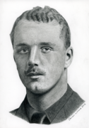 Hand-drawn pencil portrait of World War I officer. He has a mustache and short wavy hair and is facing the viewer.