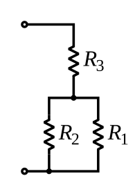 A diagram of three resistors, two in parallel, which are in series with the other