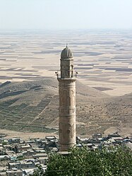 vidaĵo de Mardin, malfone la minareto de la moskeo Reyhane