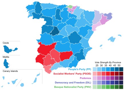 Map of Spain showcasing winning party's strength by constituency