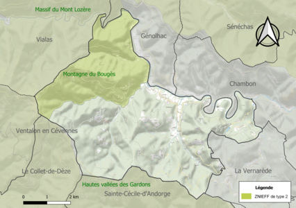 Carte de la ZNIEFF de type 2 sur la commune.