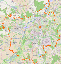 Mapa konturowa Ostrawy, po prawej nieco u góry znajduje się punkt z opisem „Śląska OstrawaSlezská Ostrava”