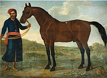 Peinture montrant un cheval marron foncé tenu par un homme habillé en bleu avec un turban rouge