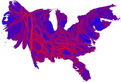 Cartogram of popular vote with each county rescaled in proportion to its population. Deeper blue represents a Democratic majority; brighter red represents a Republican majority.[177]