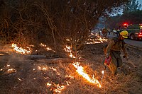 A driptorch used for a controlled burn in response to the 2020 Creek Fire in California