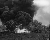 2nd Marine tank Battalion "Satan" incinerates Japanese pillbox on Saipan