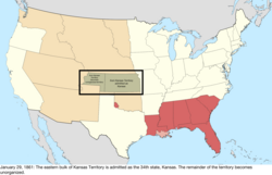 Map of the change to the United States in central North America on January 29, 1861