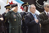 Chief of Staff of the United States Army Gen. George W. Casey, Jr. and Chicago Mayor Richard M. Daley recite the Pledge of Allegiance during May 24, 2008 Memorial Day wreath-laying ceremony at Daley Plaza.