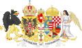 Großes Wappen Österreich-Ungarns nach 1914 mit der Collane des Ordens vom Goldenen Vlies um das Hauswappen von Habsburg-Lothringen und den Ordensbändern des Militär-Maria-Theresien-Ordens, des k.u. Sankt Stephans-Ordens und des Leopold-Ordens