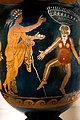 Dionysus offering two eggs or fruits to a dancing Phlyax while he balances a basket on his head, c. 360–340 BC