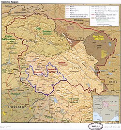 Kathua lies in the Jammu division (neon blue) of the Indian-administered Jammu and Kashmir (shaded in tan) in the disputed Kashmir region.[1]