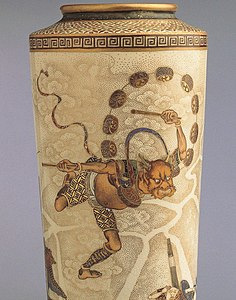 Raijin with drums on an earthenware vase. Meiji period, 19th century.