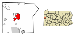 Location of New Castle in Lawrence County and the U.S. state of Pennsylvania.