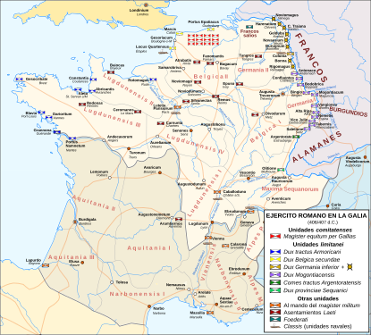 Distribución del ejército romano en la Galia a final del siglo IV / inicios del V.