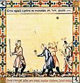 Image 4A game from the Cantigas de Santa Maria, c. 1280, involving tossing a ball, hitting it with a stick and competing with others to catch it (from History of baseball)