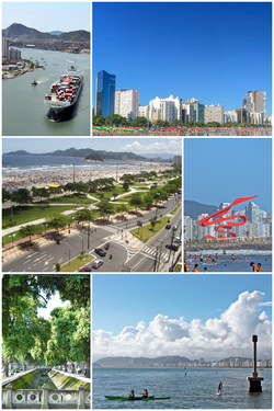 from top, left to right: Canal 4, Jardins da orla de Santos, Port of Santos, Bondes de Santos, Museu de Pesca, Litoral de São Paulo, Santos skyline