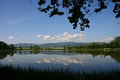 Staw w Bratoszowie z panoramą na Wielką Sowę i Góry Sowie