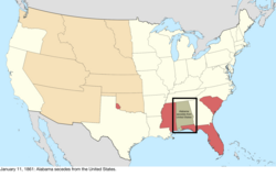 Map of the change to the United States in central North America on January 11, 1861