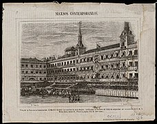 Vista de la Plaza de la Constitución de Madrid durante las corridas de toros reales verificadas en octubre de 1846 en celebridad del casamiento de S. M. la Reina Isabel II.