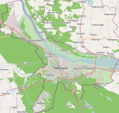 Mapa konturowa Włocławka, na dole nieco na lewo znajduje się punkt z opisem „Mi(e)lęcin”