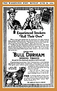 This 1914 display ad appealed to the experienced smoker—the "thirty-third degree smoke veteran"—touting the "satisfaction" derived only from making one's own cigarettes, calling the product "good, pure" tobacco that gives "complete, healthful and lasting enjoyment".