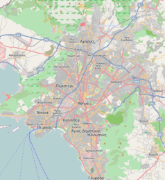 Mapa konturowa Aten, w centrum znajduje się punkt z opisem „Grecka Biblioteka Narodowa”