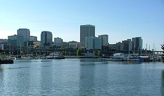 Skyline of Tacoma, Washington's third most populous city, located in the south Puget Sound area.