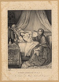 An engraving showing a woman lying in a draped bed and clutching a cross, with a woman dressed in mourning seated at the side of the bed, while a priest and 2 women wait next to a table on the left side of the picture